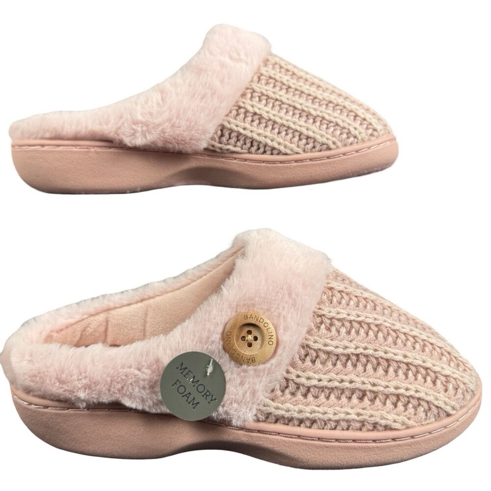 Bandolino Womens Size 5-6 Small Slippers House Shoes Pink Fuzzy Knitted New